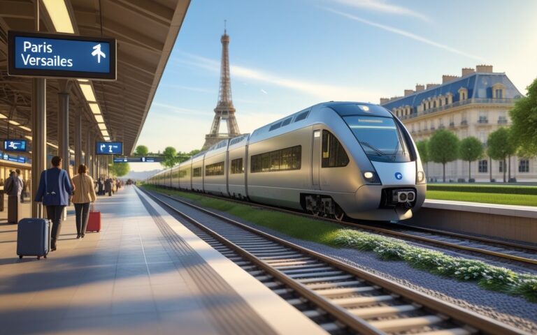Cena mostrando um trem moderno saindo de uma estação em Paris, com a Torre Eiffel ao fundo e um mapa digital destacando a rota para Versalhes.