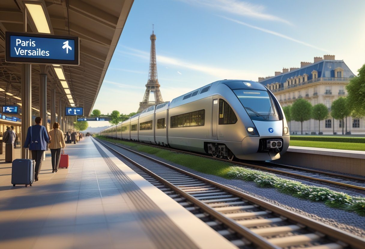 Cena mostrando um trem moderno saindo de uma estação em Paris, com a Torre Eiffel ao fundo e um mapa digital destacando a rota para Versalhes.