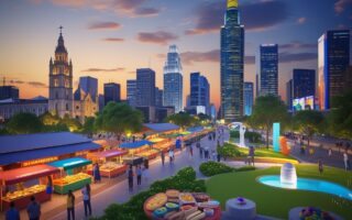 Vista panorâmica da cidade de São Paulo com pontos turísticos, mercado de rua, pessoas caminhando no parque Ibirapuera e prédios modernos ao entardecer.