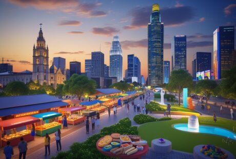 Vista panorâmica da cidade de São Paulo com pontos turísticos, mercado de rua, pessoas caminhando no parque Ibirapuera e prédios modernos ao entardecer.