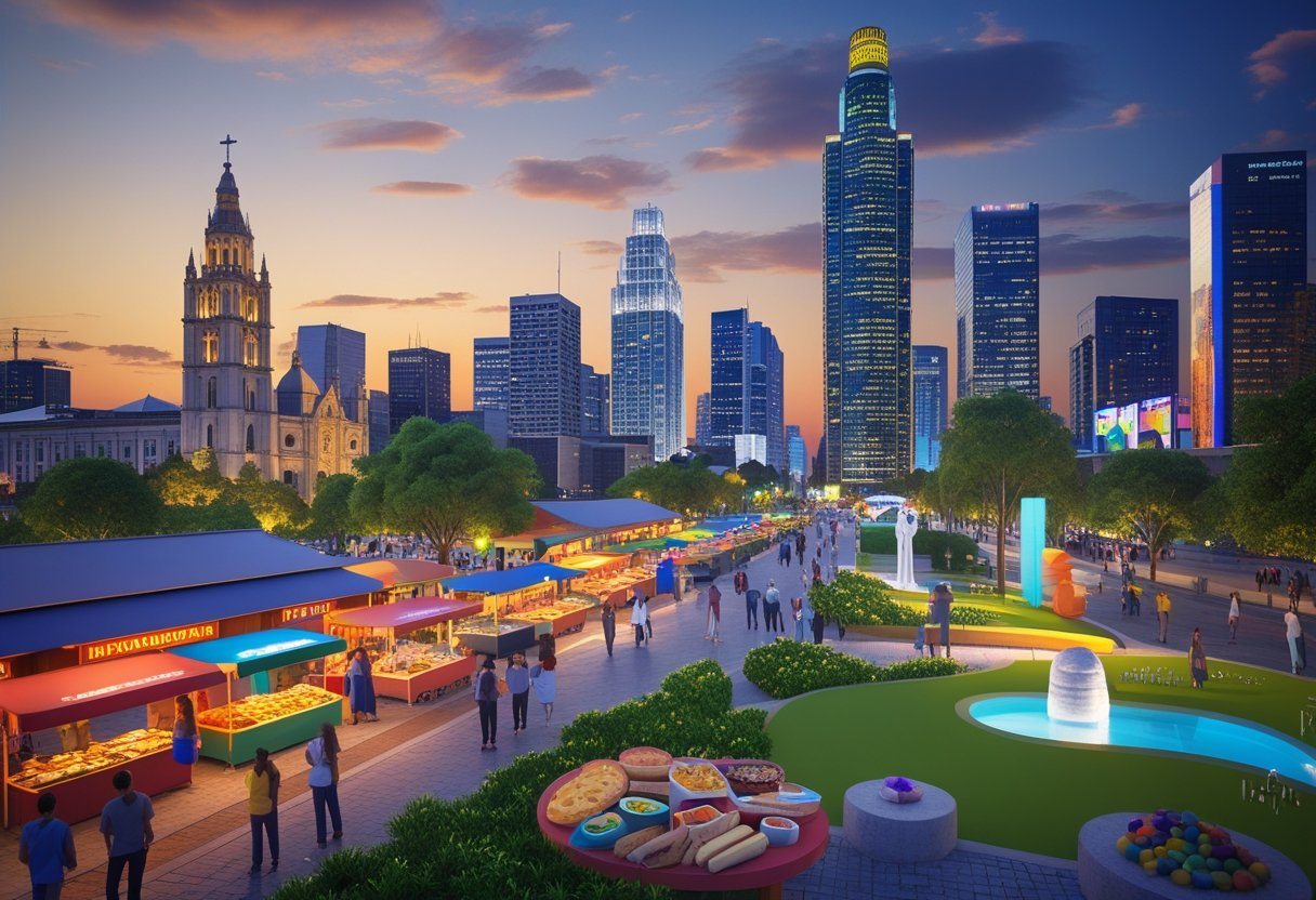 Vista panorâmica da cidade de São Paulo com pontos turísticos, mercado de rua, pessoas caminhando no parque Ibirapuera e prédios modernos ao entardecer.