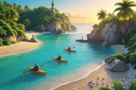 Vista da Ilha do Mel com praias, vegetação, pessoas caminhando, caiaqueiros no mar e um farol ao fundo ao pôr do sol.