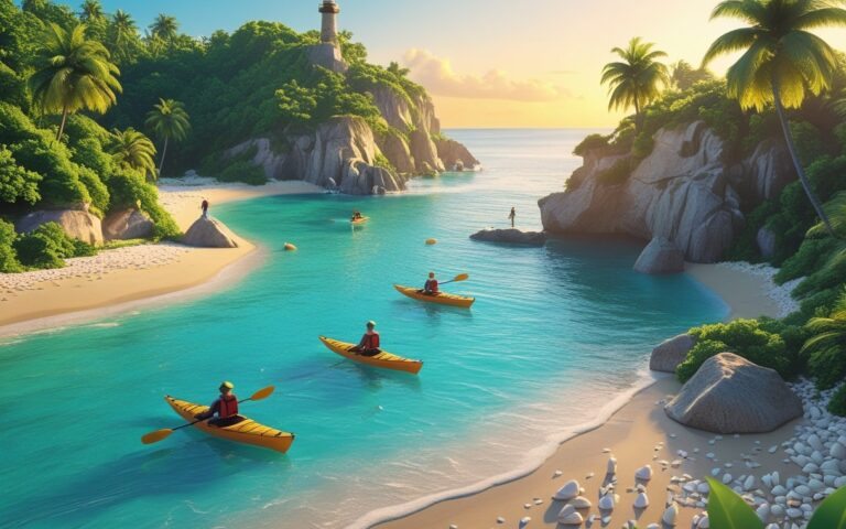 Vista da Ilha do Mel com praias, vegetação, pessoas caminhando, caiaqueiros no mar e um farol ao fundo ao pôr do sol.