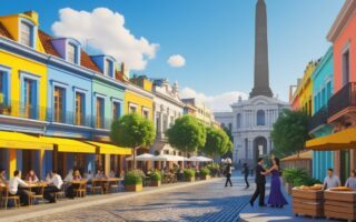 Vista da cidade de Buenos Aires com casas coloridas, pessoas em um café ao ar livre, dançarinos de tango em uma praça e o Obelisco ao fundo.