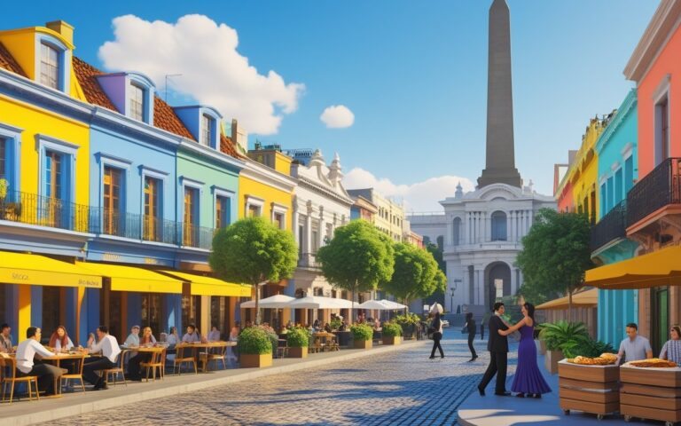 Vista da cidade de Buenos Aires com casas coloridas, pessoas em um café ao ar livre, dançarinos de tango em uma praça e o Obelisco ao fundo.