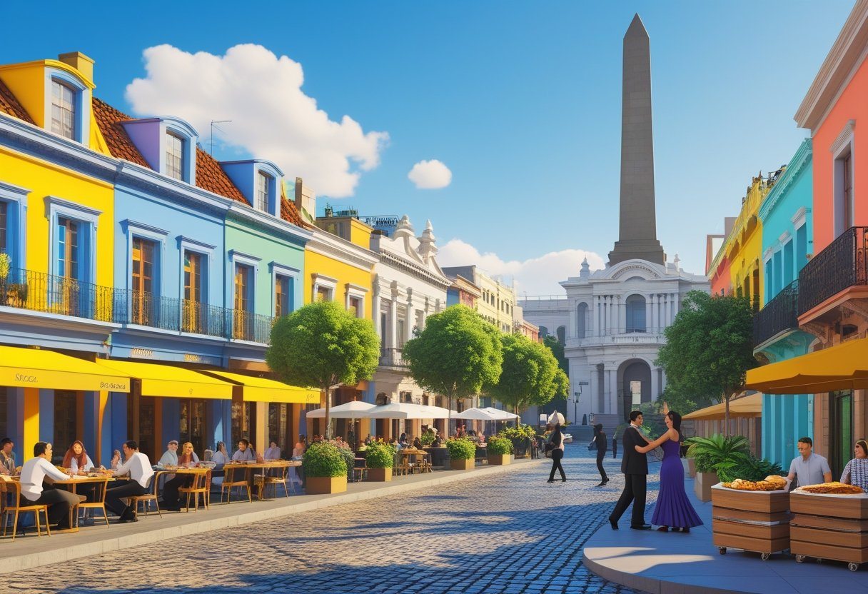 Vista da cidade de Buenos Aires com casas coloridas, pessoas em um café ao ar livre, dançarinos de tango em uma praça e o Obelisco ao fundo.