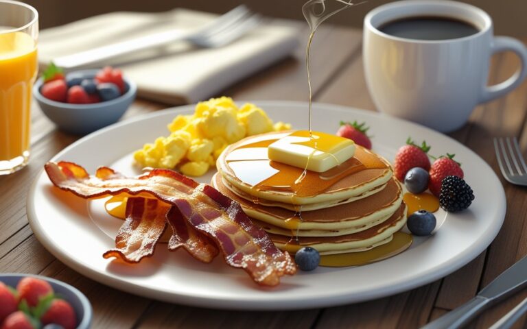 Mesa com café da manhã americano contendo bacon, ovos mexidos, panquecas com manteiga e xarope, frutas vermelhas, suco de laranja e café.