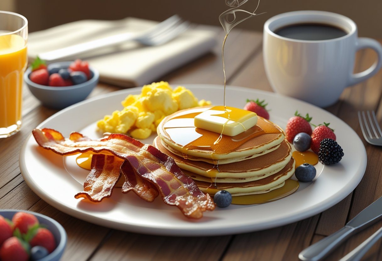 Mesa com café da manhã americano contendo bacon, ovos mexidos, panquecas com manteiga e xarope, frutas vermelhas, suco de laranja e café.