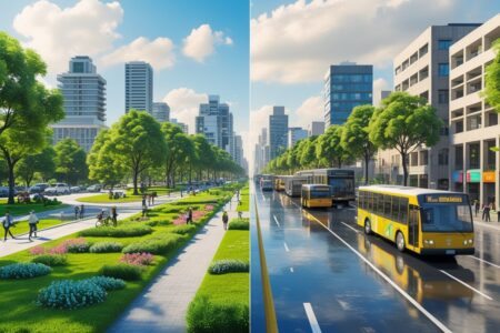 Cena dividida mostrando de um lado áreas verdes e pessoas aproveitando a cidade, e do outro trânsito congestionado e tempo chuvoso, representando vantagens e desvantagens de morar em Curitiba.