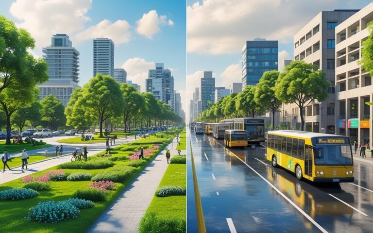 Cena dividida mostrando de um lado áreas verdes e pessoas aproveitando a cidade, e do outro trânsito congestionado e tempo chuvoso, representando vantagens e desvantagens de morar em Curitiba.