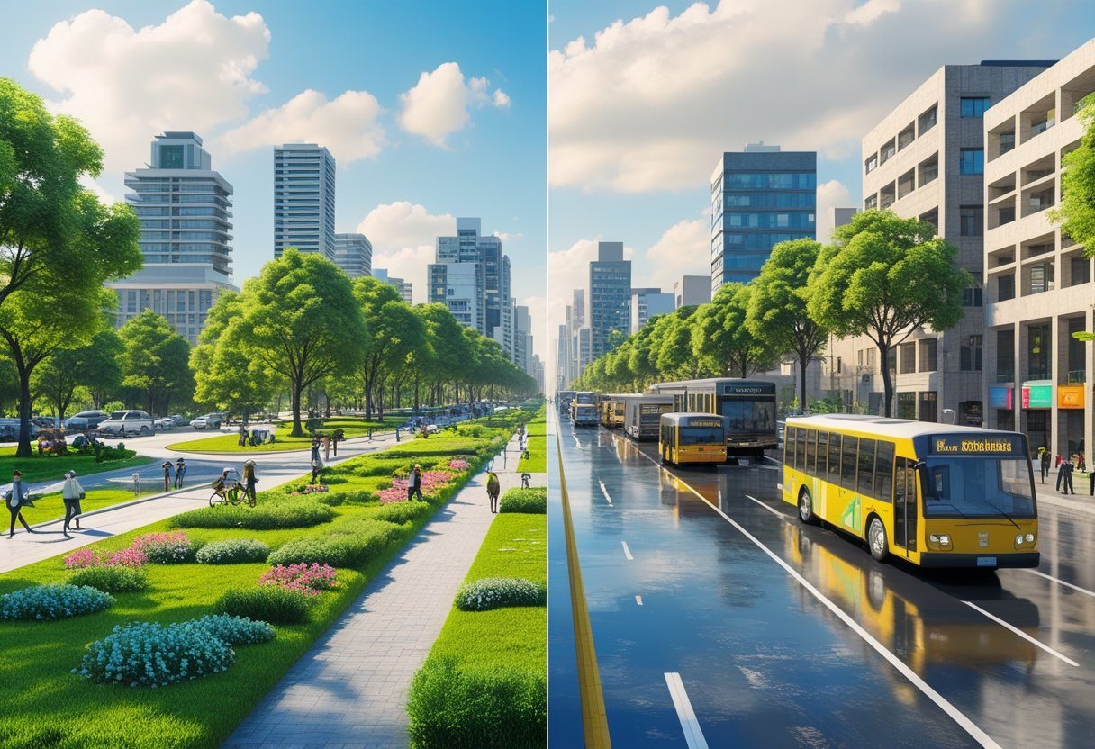 Cena dividida mostrando de um lado áreas verdes e pessoas aproveitando a cidade, e do outro trânsito congestionado e tempo chuvoso, representando vantagens e desvantagens de morar em Curitiba.