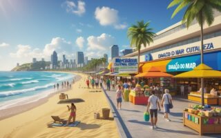 Cena de Fortaleza mostrando praia, mercado central, centro cultural e pessoas aproveitando o dia.