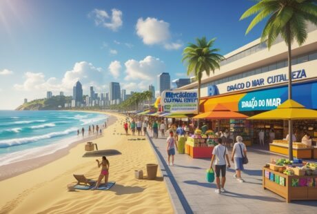 Cena de Fortaleza mostrando praia, mercado central, centro cultural e pessoas aproveitando o dia.