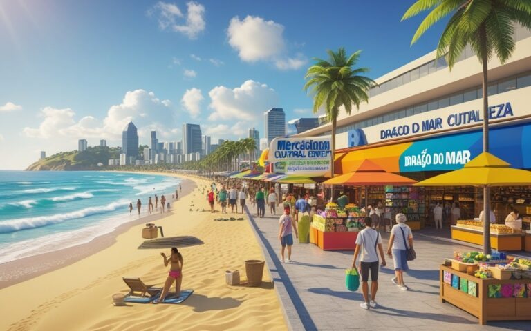 Cena de Fortaleza mostrando praia, mercado central, centro cultural e pessoas aproveitando o dia.