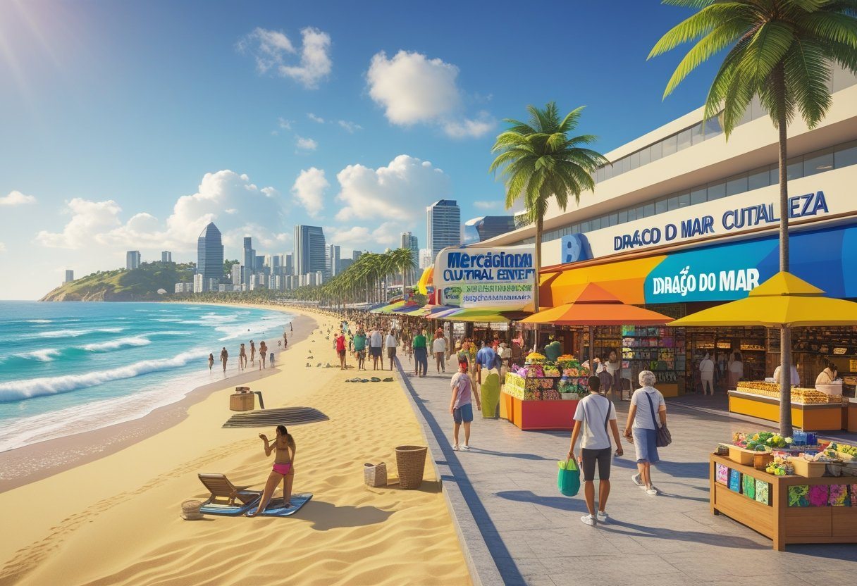 Cena de Fortaleza mostrando praia, mercado central, centro cultural e pessoas aproveitando o dia.