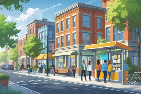 Cena de um bairro urbano com uma cafeteria, livraria, parque com bancos e árvores, ponto de ônibus com pessoas esperando e pessoas caminhando pela rua.