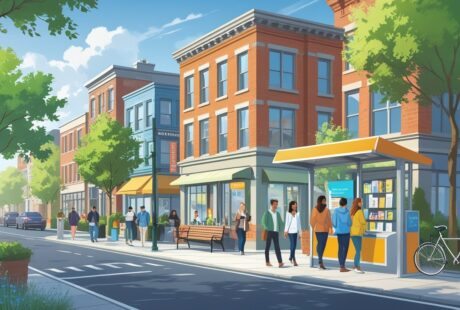 Cena de um bairro urbano com uma cafeteria, livraria, parque com bancos e árvores, ponto de ônibus com pessoas esperando e pessoas caminhando pela rua.