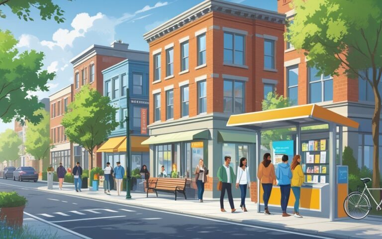 Cena de um bairro urbano com uma cafeteria, livraria, parque com bancos e árvores, ponto de ônibus com pessoas esperando e pessoas caminhando pela rua.