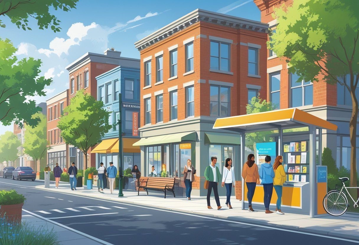 Cena de um bairro urbano com uma cafeteria, livraria, parque com bancos e árvores, ponto de ônibus com pessoas esperando e pessoas caminhando pela rua.