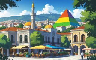 Vista da cidade de Tirana com mesquita, praça movimentada, prédios coloridos, parque verde e montanha ao fundo.