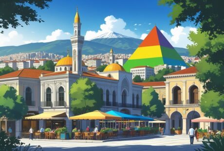 Vista da cidade de Tirana com mesquita, praça movimentada, prédios coloridos, parque verde e montanha ao fundo.