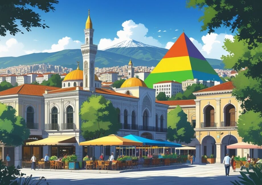 Vista da cidade de Tirana com mesquita, praça movimentada, prédios coloridos, parque verde e montanha ao fundo.