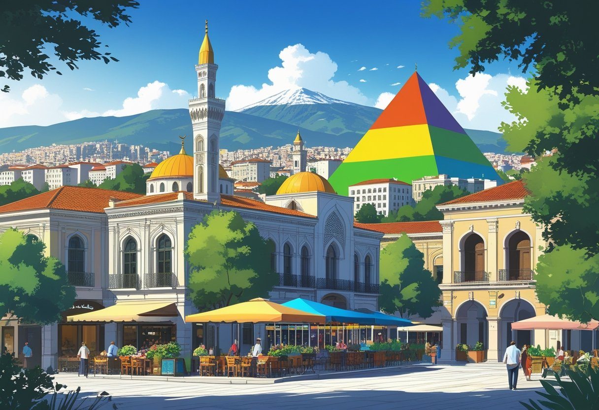 Vista da cidade de Tirana com mesquita, praça movimentada, prédios coloridos, parque verde e montanha ao fundo.