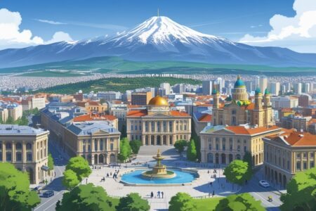 Vista da cidade de Yerevan, capital da Armênia, com o Monte Ararat ao fundo, praças, fontes e edifícios históricos.