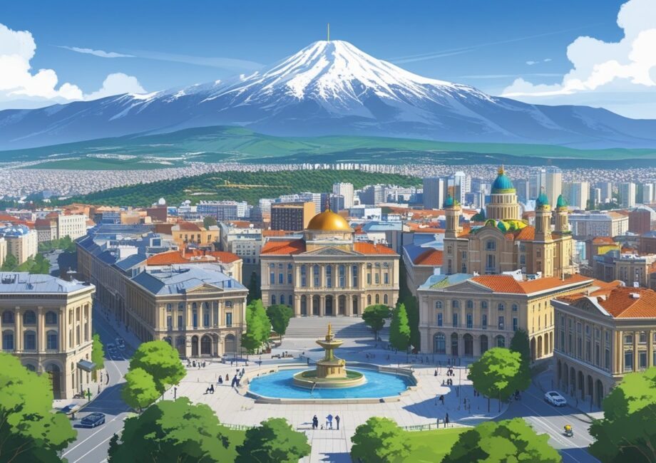 Vista da cidade de Yerevan, capital da Armênia, com o Monte Ararat ao fundo, praças, fontes e edifícios históricos.