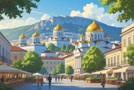 Vista da cidade de Sofia na Bulgária com a catedral Alexander Nevsky, ruínas antigas, montanhas ao fundo e pessoas caminhando em uma praça movimentada.