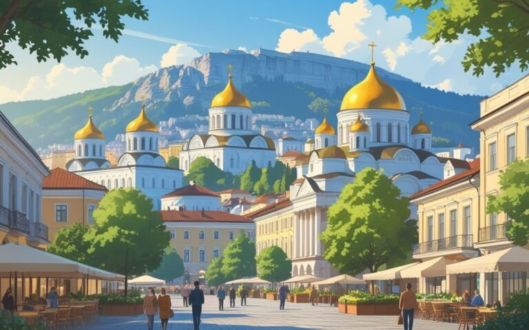 Vista da cidade de Sofia na Bulgária com a catedral Alexander Nevsky, ruínas antigas, montanhas ao fundo e pessoas caminhando em uma praça movimentada.