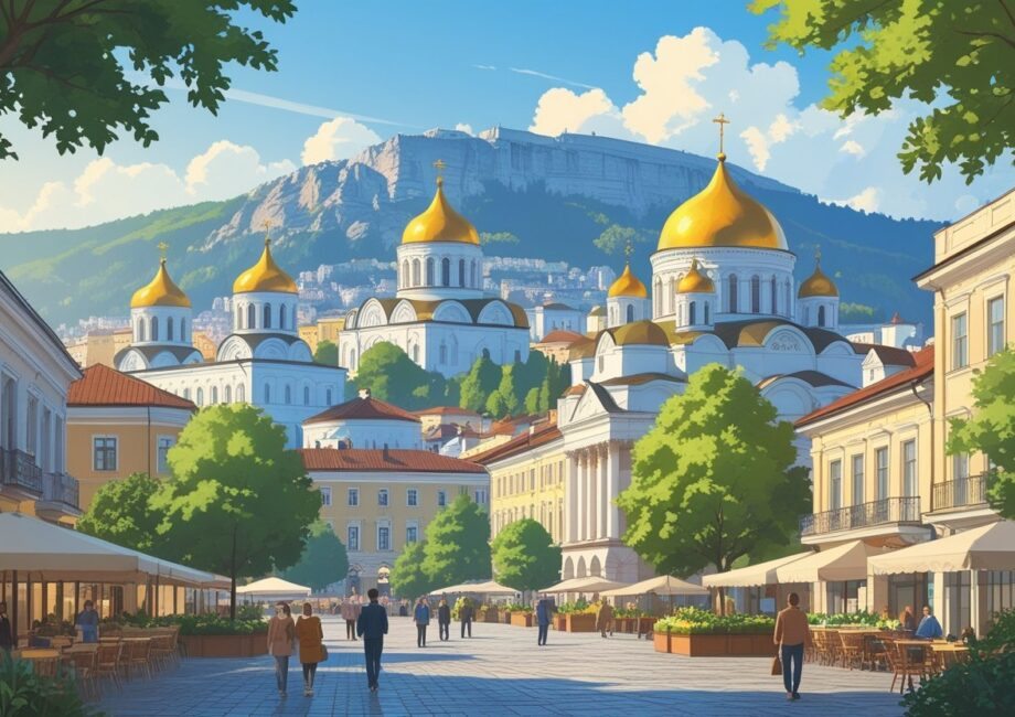 Vista da cidade de Sofia na Bulgária com a catedral Alexander Nevsky, ruínas antigas, montanhas ao fundo e pessoas caminhando em uma praça movimentada.