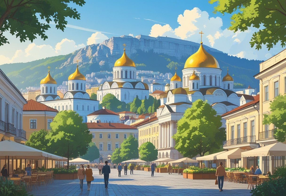 Vista da cidade de Sofia na Bulgária com a catedral Alexander Nevsky, ruínas antigas, montanhas ao fundo e pessoas caminhando em uma praça movimentada.