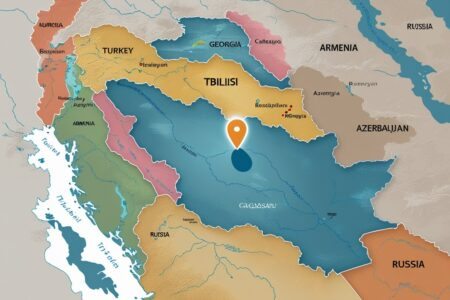 Mapa do país Geórgia destacando a cidade de Tbilisi com um marcador claro, mostrando países vizinhos e características naturais como montanhas e rios.