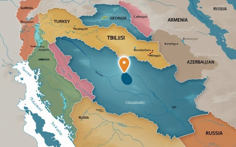 Mapa do país Geórgia destacando a cidade de Tbilisi com um marcador claro, mostrando países vizinhos e características naturais como montanhas e rios.
