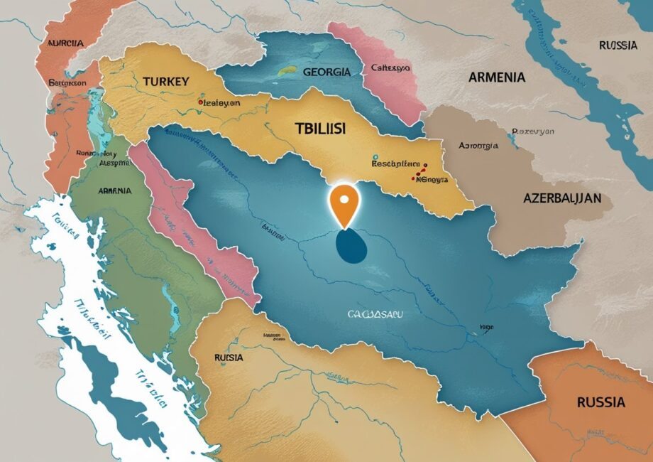 Mapa do país Geórgia destacando a cidade de Tbilisi com um marcador claro, mostrando países vizinhos e características naturais como montanhas e rios.