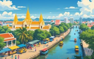 Vista da cidade de Phnom Penh com o Palácio Real, o Monumento da Independência, o rio Tonle Sap com barcos tradicionais e pessoas caminhando pela margem do rio.