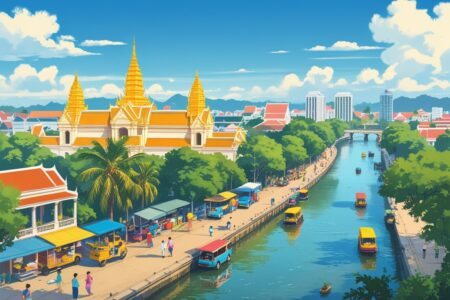 Vista da cidade de Phnom Penh com o Palácio Real, o Monumento da Independência, o rio Tonle Sap com barcos tradicionais e pessoas caminhando pela margem do rio.