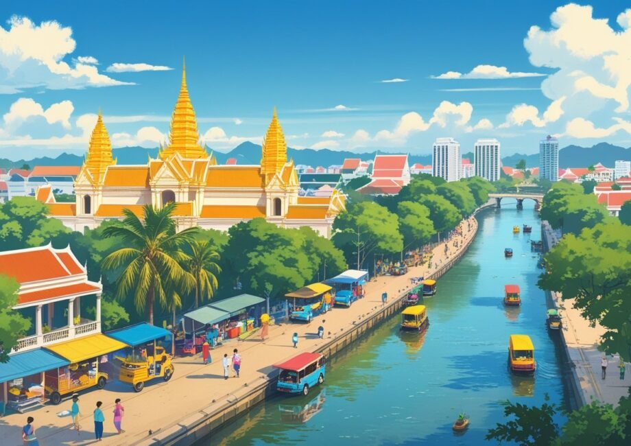 Vista da cidade de Phnom Penh com o Palácio Real, o Monumento da Independência, o rio Tonle Sap com barcos tradicionais e pessoas caminhando pela margem do rio.