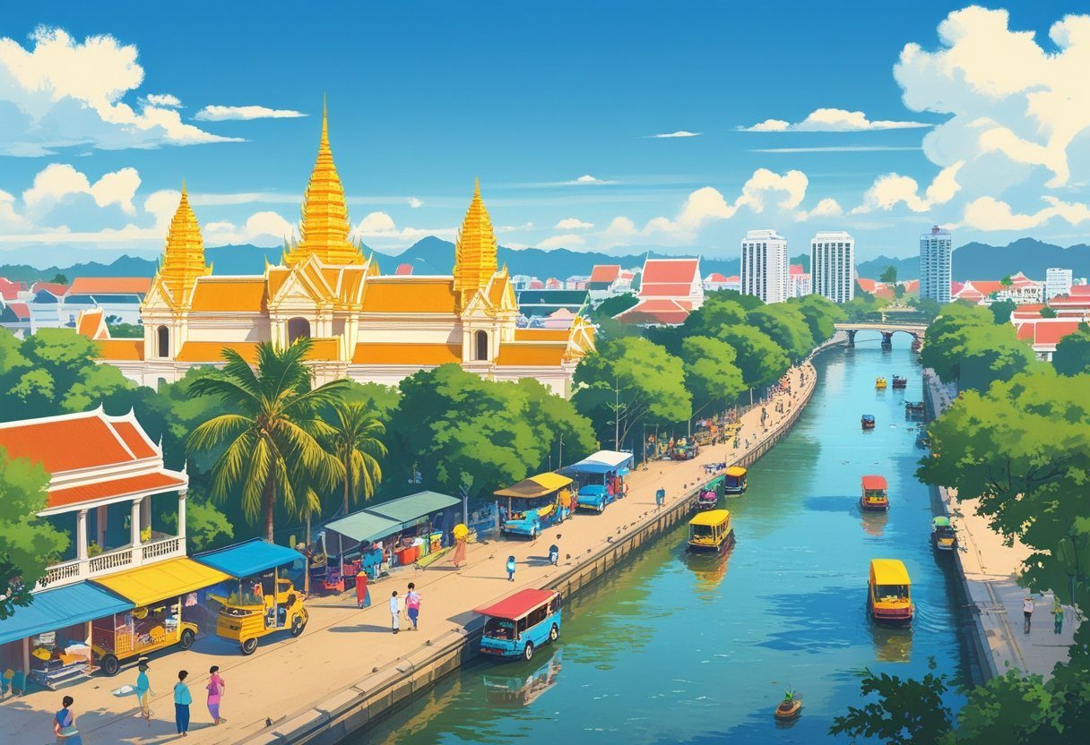 Vista da cidade de Phnom Penh com o Palácio Real, o Monumento da Independência, o rio Tonle Sap com barcos tradicionais e pessoas caminhando pela margem do rio.