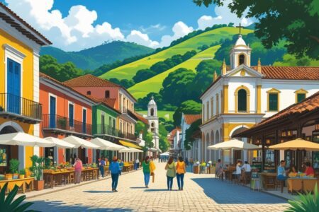 Praça colonial em Prados MG com pessoas visitando mercado de artesanato, comidinhas típicas, igreja antiga, colinas verdes e rio ao fundo.