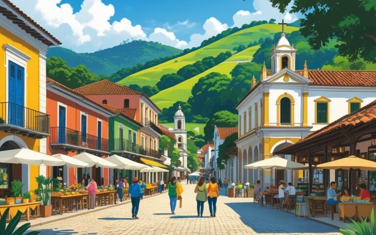 Praça colonial em Prados MG com pessoas visitando mercado de artesanato, comidinhas típicas, igreja antiga, colinas verdes e rio ao fundo.