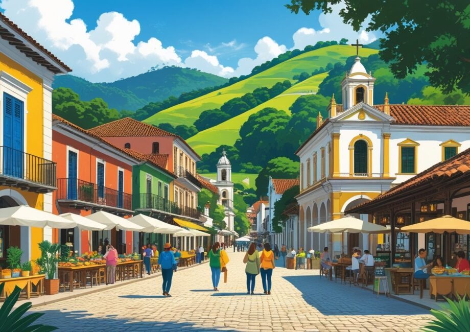 Praça colonial em Prados MG com pessoas visitando mercado de artesanato, comidinhas típicas, igreja antiga, colinas verdes e rio ao fundo.