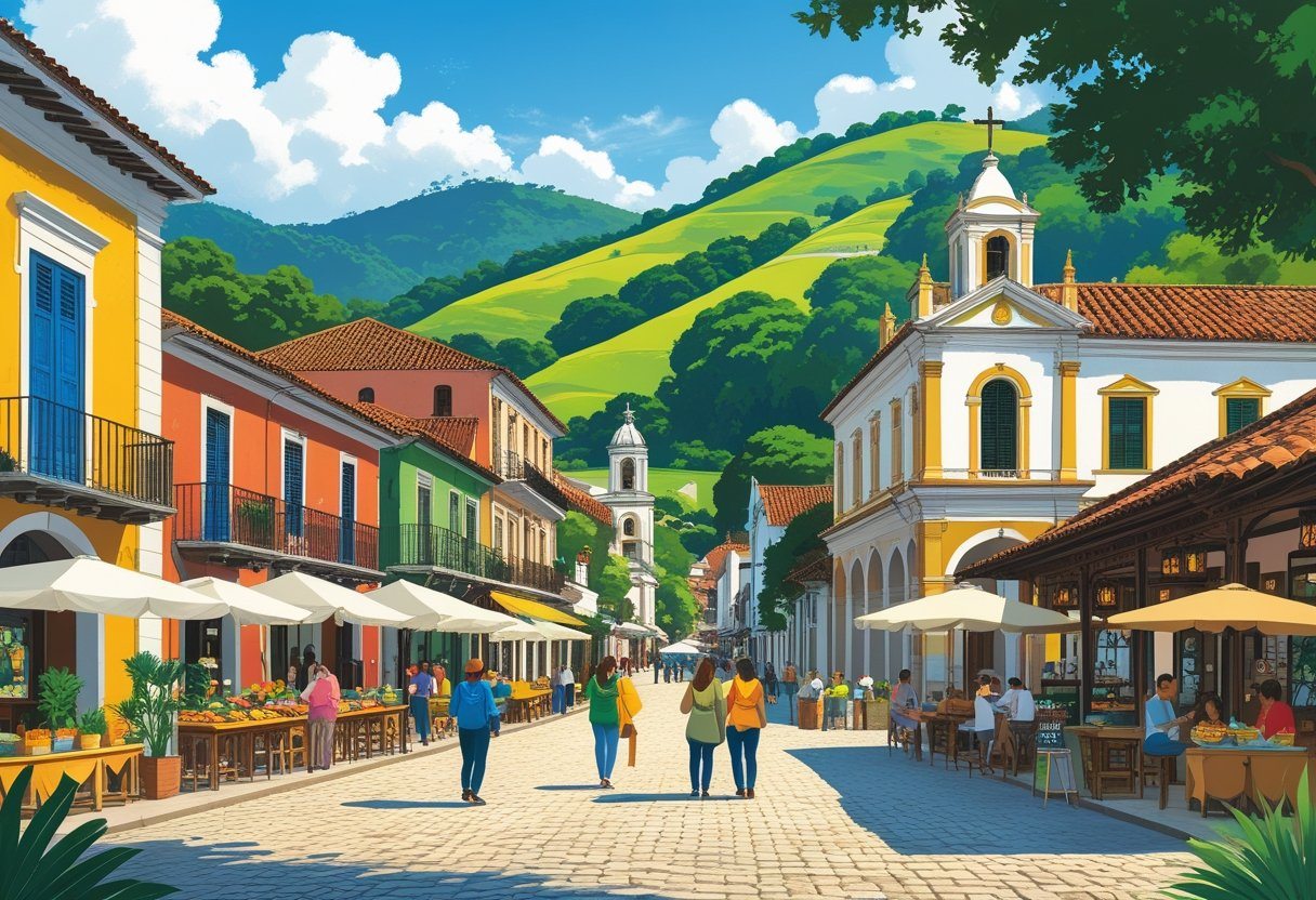 Praça colonial em Prados MG com pessoas visitando mercado de artesanato, comidinhas típicas, igreja antiga, colinas verdes e rio ao fundo.