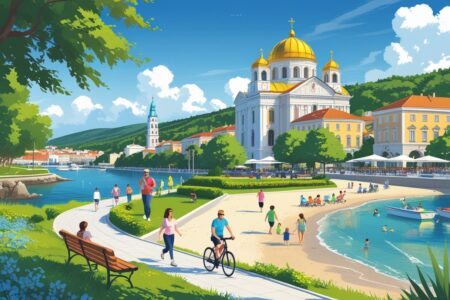 Vista da cidade de Varna com o jardim à beira-mar, a catedral com cúpulas douradas, pessoas caminhando e aproveitando a praia ensolarada.