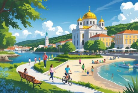 Vista da cidade de Varna com o jardim à beira-mar, a catedral com cúpulas douradas, pessoas caminhando e aproveitando a praia ensolarada.