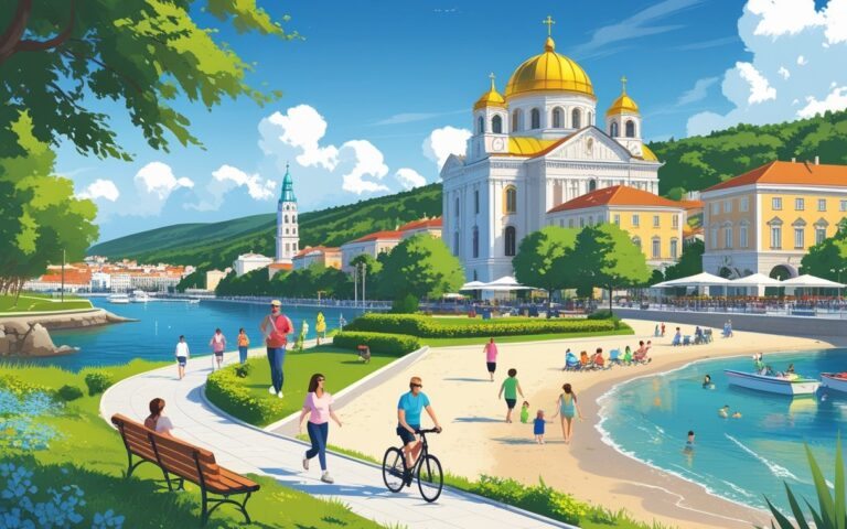 Vista da cidade de Varna com o jardim à beira-mar, a catedral com cúpulas douradas, pessoas caminhando e aproveitando a praia ensolarada.