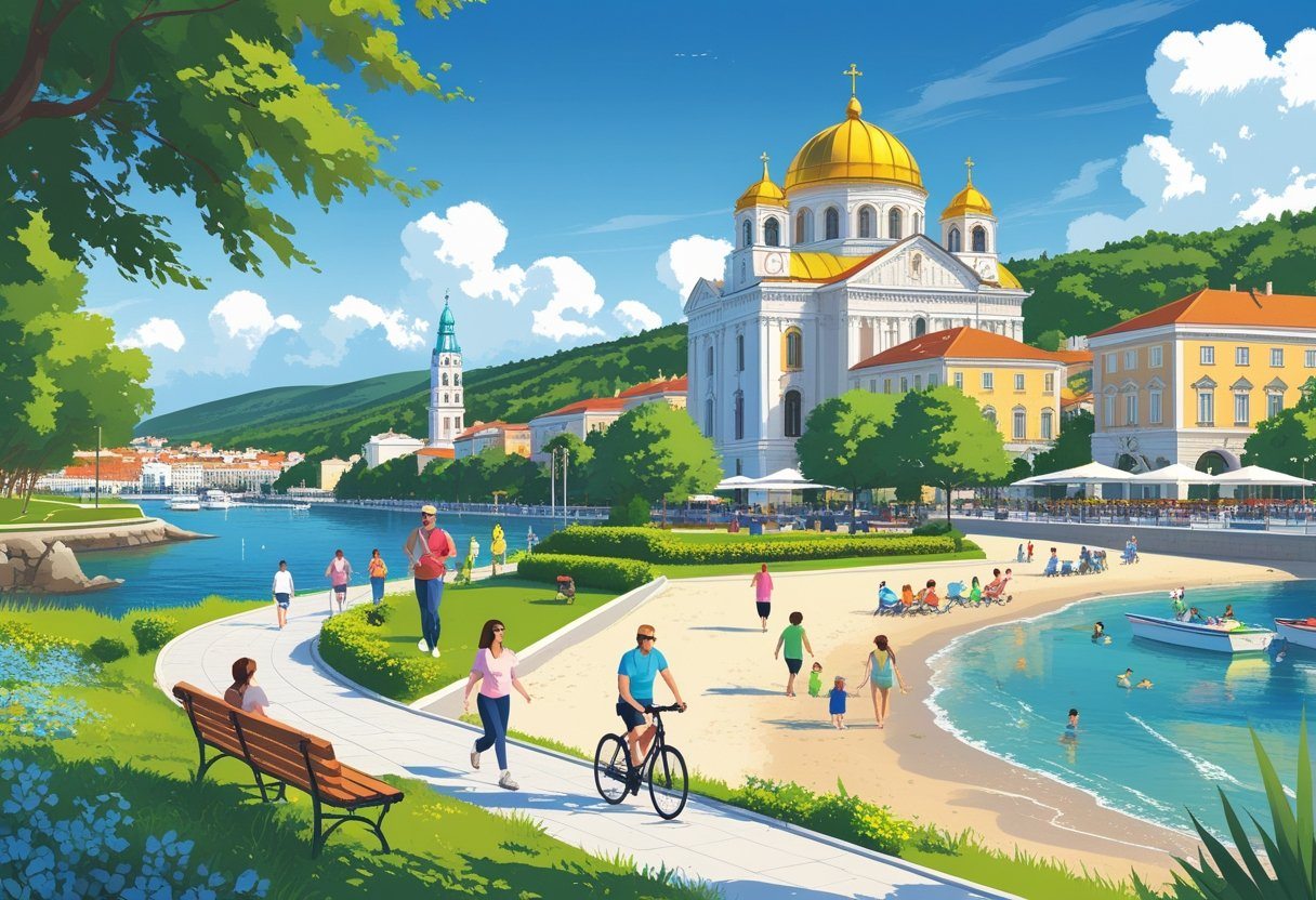 Vista da cidade de Varna com o jardim à beira-mar, a catedral com cúpulas douradas, pessoas caminhando e aproveitando a praia ensolarada.