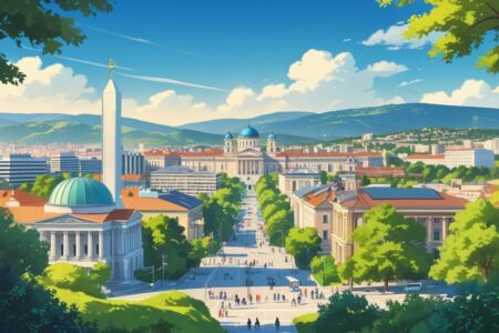 Vista panorâmica da cidade de Pristina com seus edifícios históricos e modernos, incluindo monumentos famosos, árvores e céu azul.