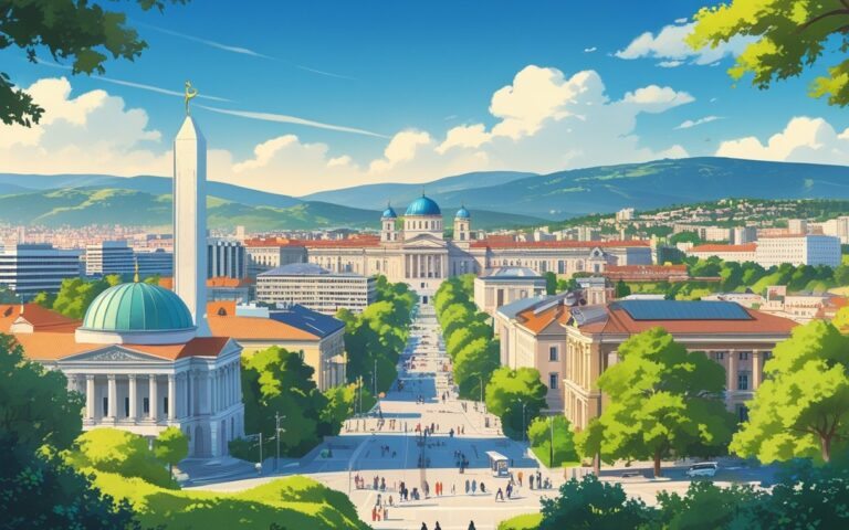 Vista panorâmica da cidade de Pristina com seus edifícios históricos e modernos, incluindo monumentos famosos, árvores e céu azul.